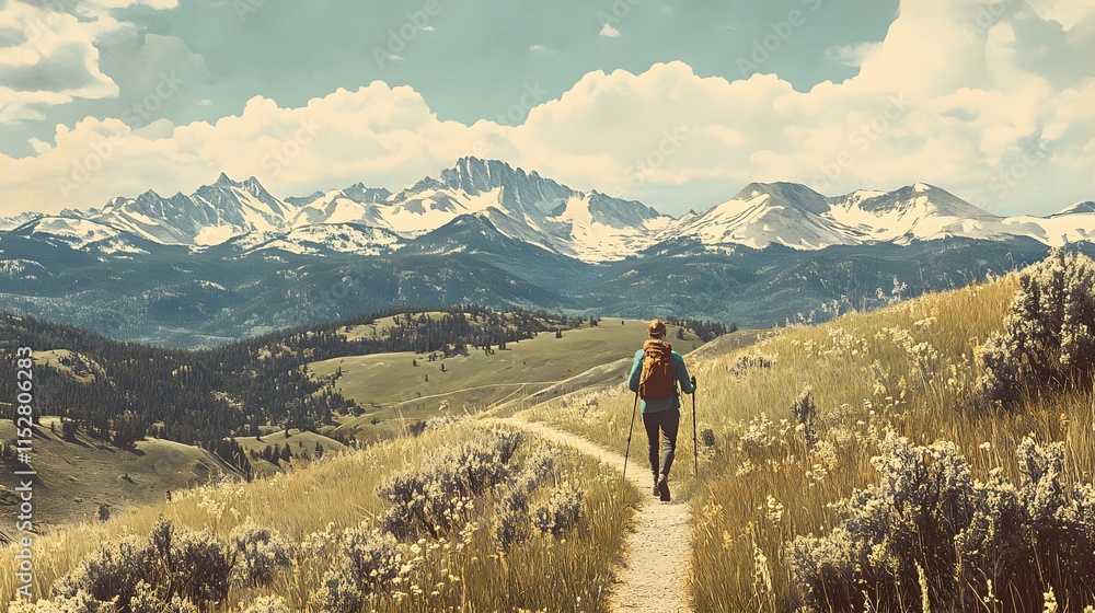 Obraz premium Adventurer Hiking Scenic Mountain Trail