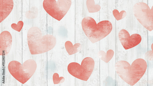Soft pink and red hearts on rustic white wooden background