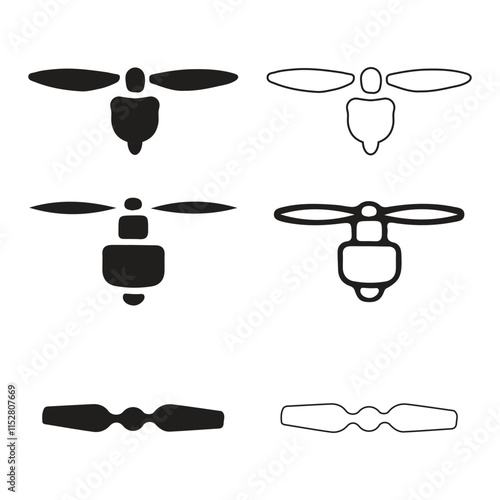 Simple Drone Rotor Icons Set for Graphic Design. This rotor set of black and white drone icons showcases different drone views in a simple, clean style.