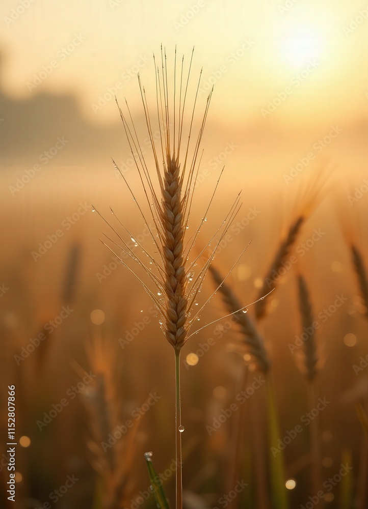 Obraz premium Golden Wheat at Sunrise Dew Drops Agriculture Harvest