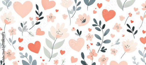 Soft pastel floral and heart pattern for Valentine Day celebration