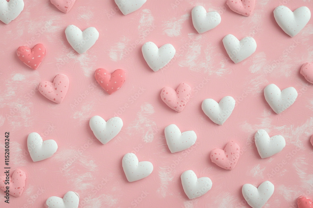 Soft pink background with scattered white and pink heart decorations Soft pink background with scattered white and pink heart decorations