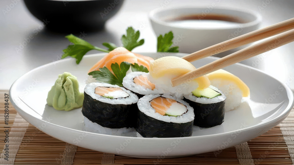 vibrant plate of fresh sushi rolls with wasabi and ginger vibrant plate of fresh sushi rolls with wasabi and ginger
