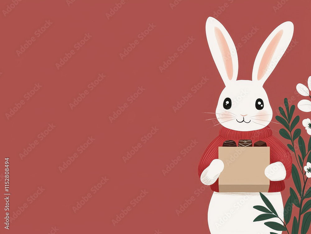 Obraz premium Kawaii Animal Valentine's Love concept. Cute bunny holding a box with flowers on a warm background.