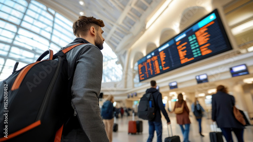 Traveling man in airport terminal checking flight information display