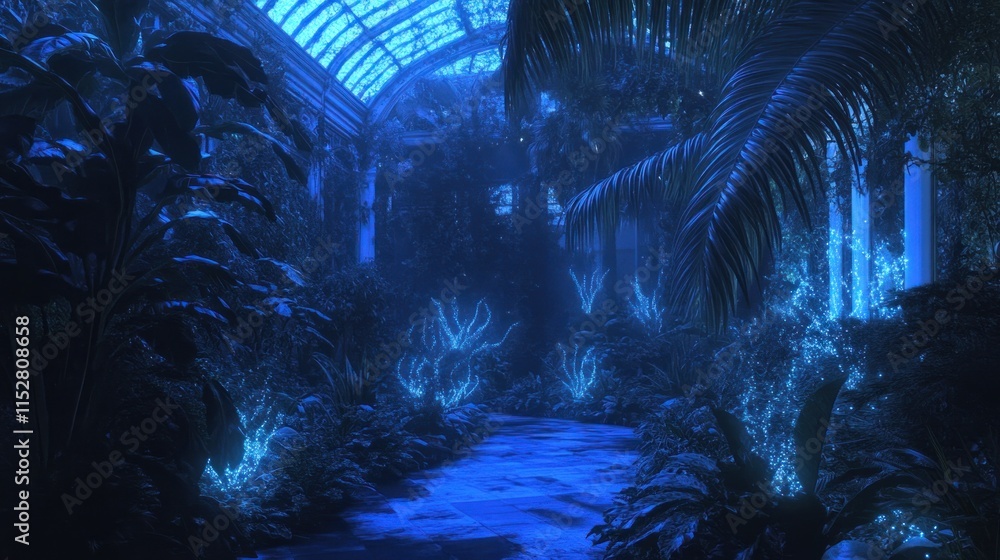 Obraz premium Enchanted Glasshouse: A Nighttime Stroll Through Bioluminescent Flora