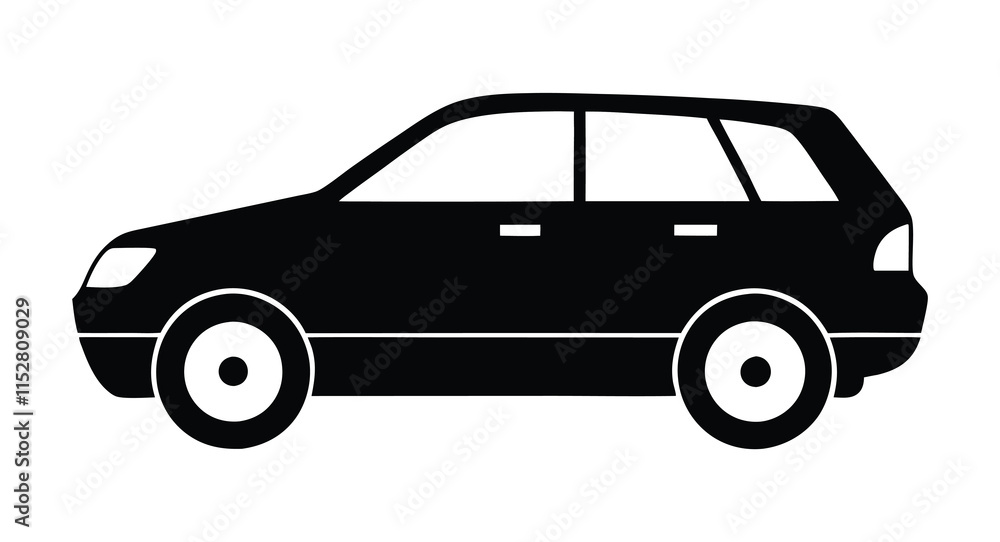 Car side view silhouette illustration. Modern vehicle vector design. Black and white car graphic. Minimalist automobile icon Car side view silhouette illustration. Modern vehicle vector design. Black and white car graphic. Minimalist automobile icon