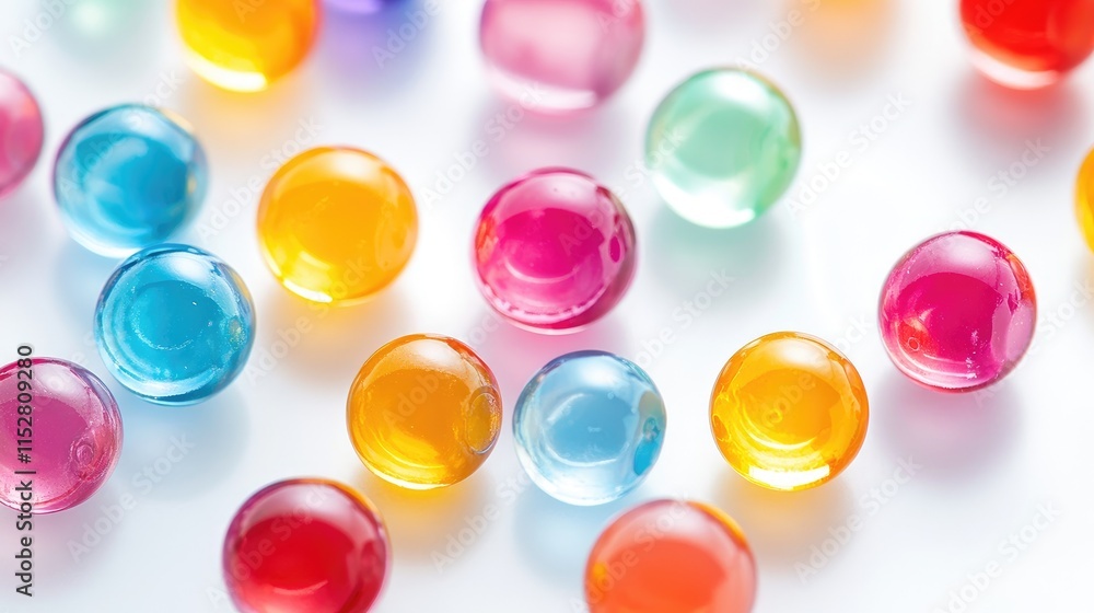 A close-up of colorful plastic beads scattered randomly on a white background, showcasing their smooth surfaces and vibrant tones. A close-up of colorful plastic beads scattered randomly on a white background, showcasing their smooth surfaces and vibrant tones.