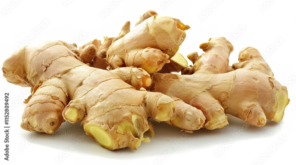 Fresh ginger lying gracefully on a clean white background, Its natural shape and texture vividly shown, Ideal for various culinary or decorative uses, A simple yet appealing display of ginger. Fresh ginger lying gracefully on a clean white background, Its natural shape and texture vividly shown, Ideal for various culinary or decorative uses, A simple yet appealing display of ginger.