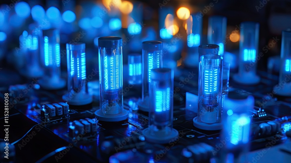 A close-up view of a miniature model of a nuclear power plant featuring several cooling towers illuminated by soft blue lights. A close-up view of a miniature model of a nuclear power plant featuring several cooling towers illuminated by soft blue lights.