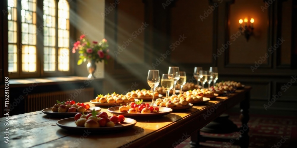 Elegant indoor banquet table setting with sunlit pastries and wine glasses Elegant indoor banquet table setting with sunlit pastries and wine glasses