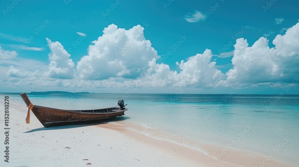 Tranquil Tropical Beach with Traditional Wooden Boat and Blue Sky Tranquil Tropical Beach with Traditional Wooden Boat and Blue Sky