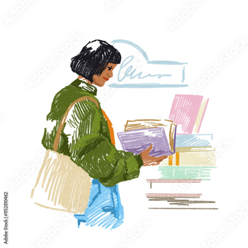 Young woman choosing book at store