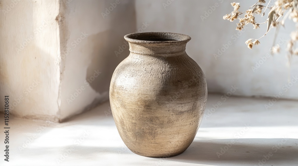 A handcrafted clay vase with rustic textures, displayed on a white surface with soft natural lighting. A handcrafted clay vase with rustic textures, displayed on a white surface with soft natural lighting.
