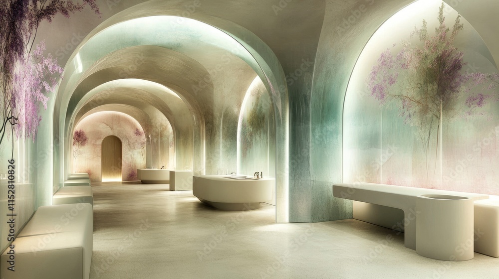 Serene and modern spa interior featuring soft lighting, arched ceilings, and artistic floral wall murals for relaxation Serene and modern spa interior featuring soft lighting, arched ceilings, and artistic floral wall murals for relaxation