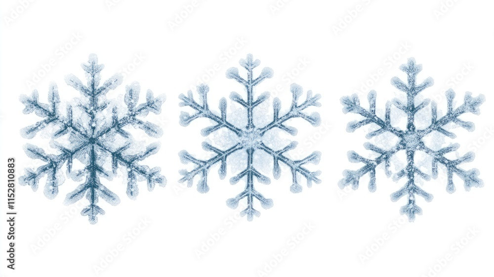 Three beautifully detailed snowflakes showcasing unique patterns and textures, perfect for winter-themed design projects. Three beautifully detailed snowflakes showcasing unique patterns and textures, perfect for winter-themed design projects.