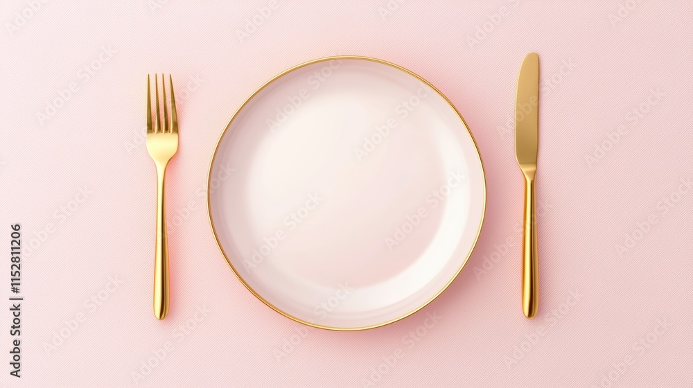 Elegant dining setup with gold cutlery and white plate on soft pink background Elegant dining setup with gold cutlery and white plate on soft pink background