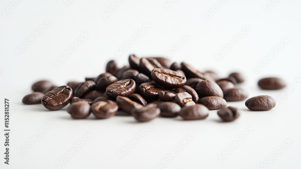 A neat pile of glossy coffee beans in the center of a clean white surface, with a few scattered around for a minimalistic composition. A neat pile of glossy coffee beans in the center of a clean white surface, with a few scattered around for a minimalistic composition.