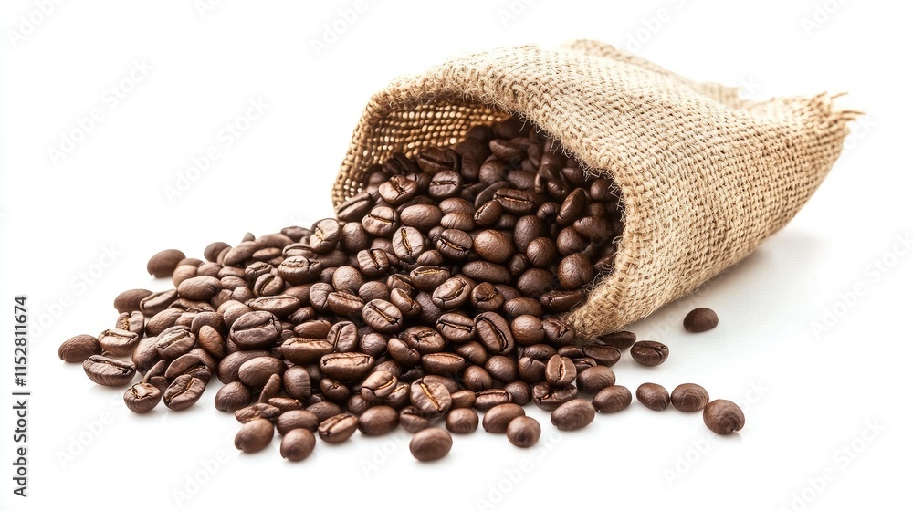 A spill of coffee beans from an overturned small burlap sack on a white background, emphasizing their rustic charm. A spill of coffee beans from an overturned small burlap sack on a white background, emphasizing their rustic charm.