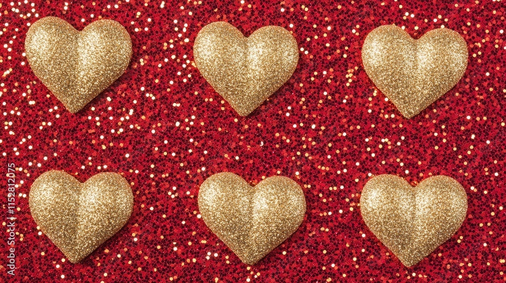 Fototapeta premium Golden Glitter Hearts on Red Sparkling Background for Celebrations