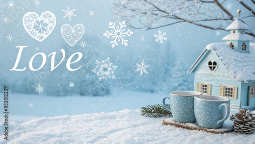 Winter Love Scene with Cozy Cups - Snowy landscape, two mugs, winter house, hearts, snowflakes. Symbolizes love, warmth, winter, peace, serenity. photo