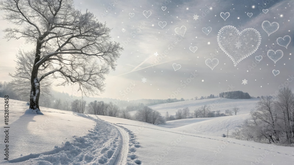 Fototapeta premium Winter Wonderland Path - Snowy landscape, winter tree, heart shapes, peaceful scene, serene nature.