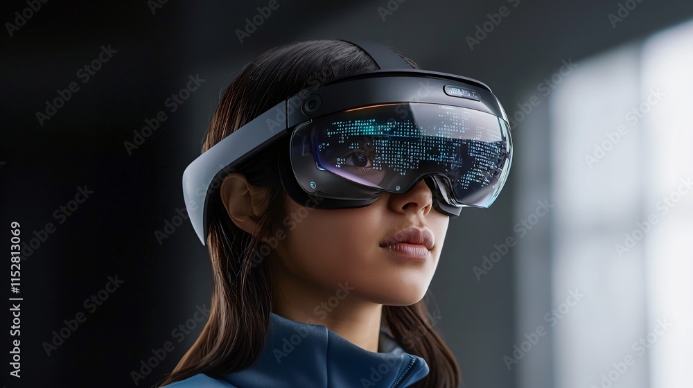 Woman Using Futuristic AR Glasses Digital Overlay Woman Using Futuristic AR Glasses Digital Overlay
