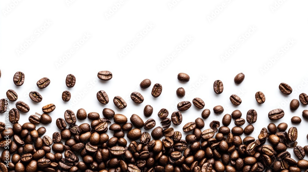 Coffee beans in a minimalist flat-lay style, scattered loosely on a white background, creating a natural and organic look. Coffee beans in a minimalist flat-lay style, scattered loosely on a white background, creating a natural and organic look.