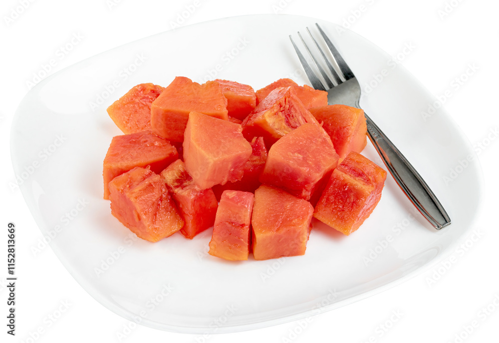 Ripe papaya slice with plate and fork isolated Ripe papaya slice with plate and fork isolated
