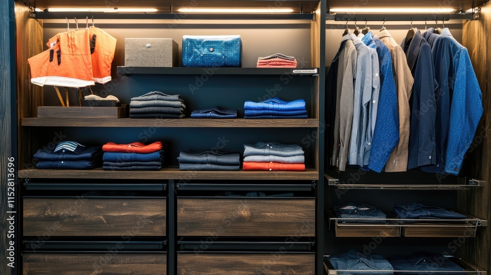Organized Modern Closet with Clothing and Accessories Displayed Neatly Organized Modern Closet with Clothing and Accessories Displayed Neatly