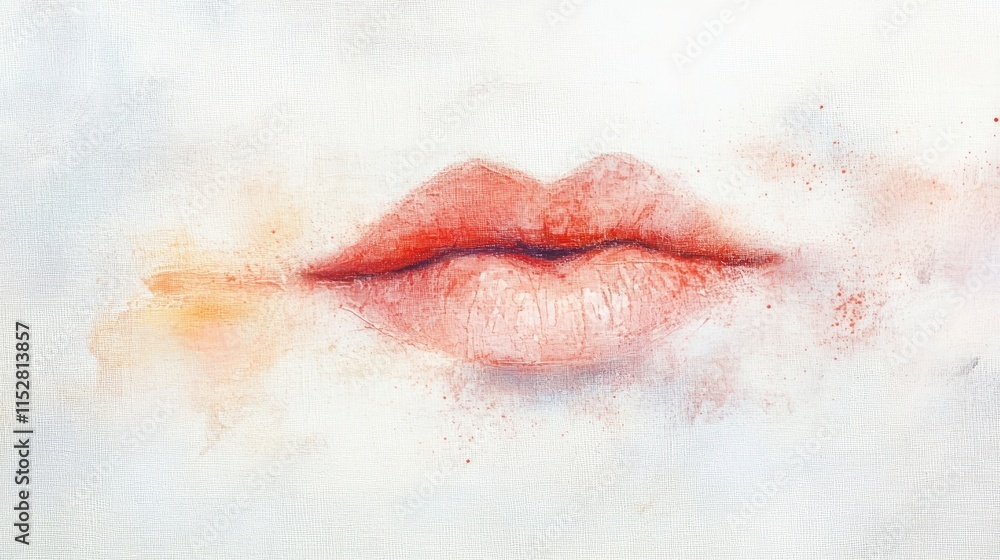 Fototapeta premium Aesthetic artistic close-up of beautifully painted lips on a soft textured canvas with subtle hues and gentle brushstrokes