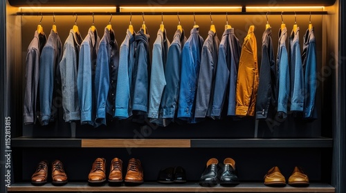 Neatly arranged shirts and shoes in modern wardrobe display photo