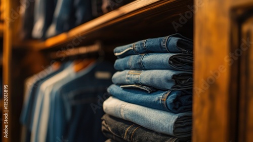 Neatly Stacked Blue Jeans on Wooden Shelves in Clothing Store photo