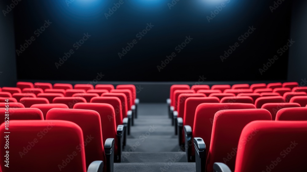 Obraz premium Empty cinema hall with red plush seats and a blank screen ready for a movie viewing experience