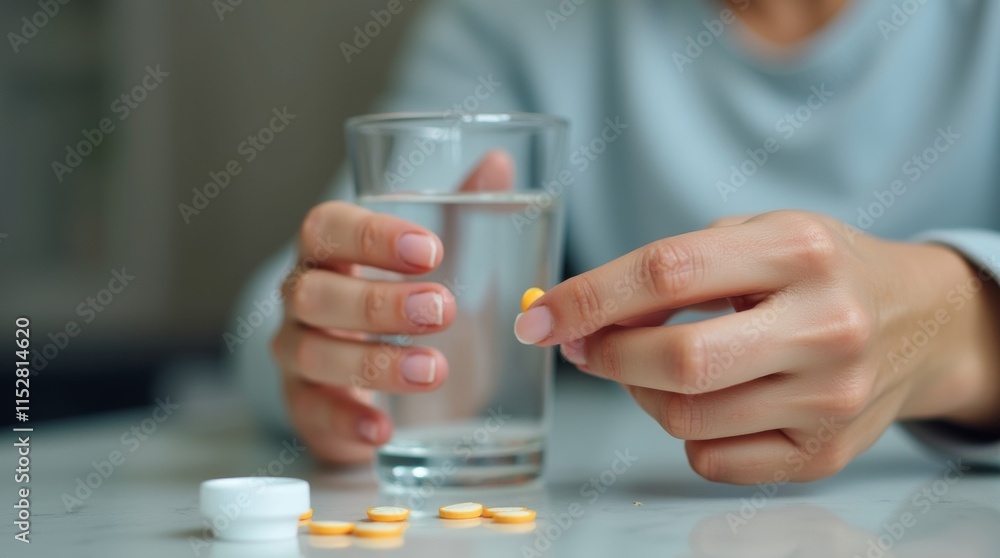 Woman taking flu medication with a glass of water, emphasizing the importance of treatment Woman taking flu medication with a glass of water, emphasizing the importance of treatment