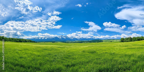 Lush green meadows stretch under bright blue sky with fluffy clouds, showcasing majestic mountains in distance. serene landscape evokes tranquility and natural beauty