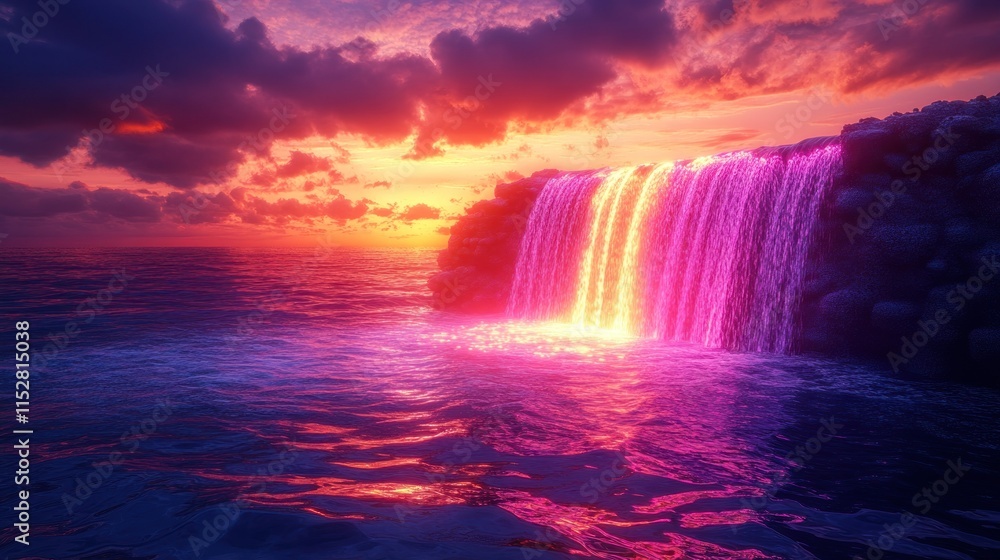 Fototapeta premium A vibrant sunset waterfall cascading into the ocean, illuminated with pink hues.