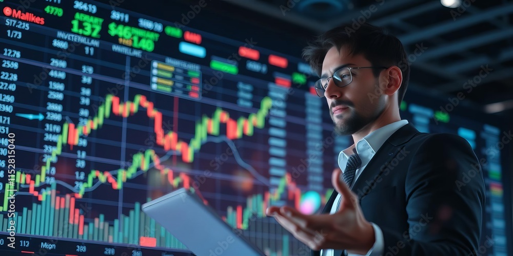 Businessman displaying virtual investment graph chart for stock market analysis and financial planning concept, stock market, investment graph Businessman displaying virtual investment graph chart for stock market analysis and financial planning concept, stock market, investment graph