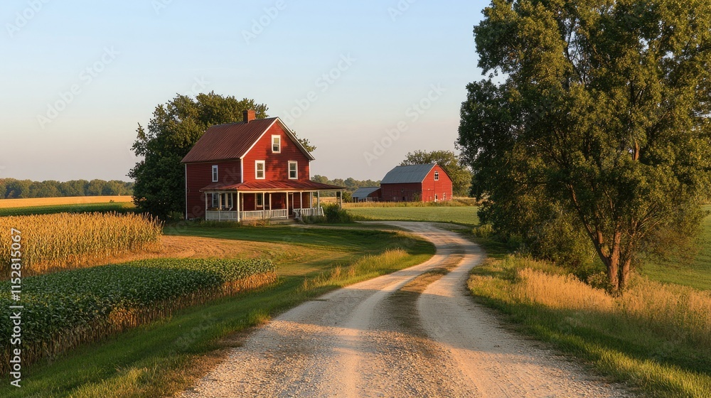 A picturesque panorama of a rural scene featuring a red farmhouse on the right, A picturesque panorama of a rural scene featuring a red farmhouse on the right,