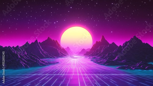 Vibrant Retro Synthwave Landscape: Digital Painting in a Bold, Futuristic Style. AI Generated