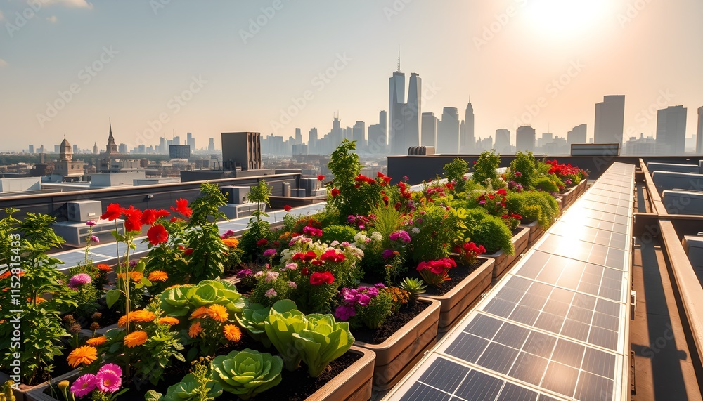 Fototapeta premium Urban Rooftop Garden with Solar Panels and Cityscape View
