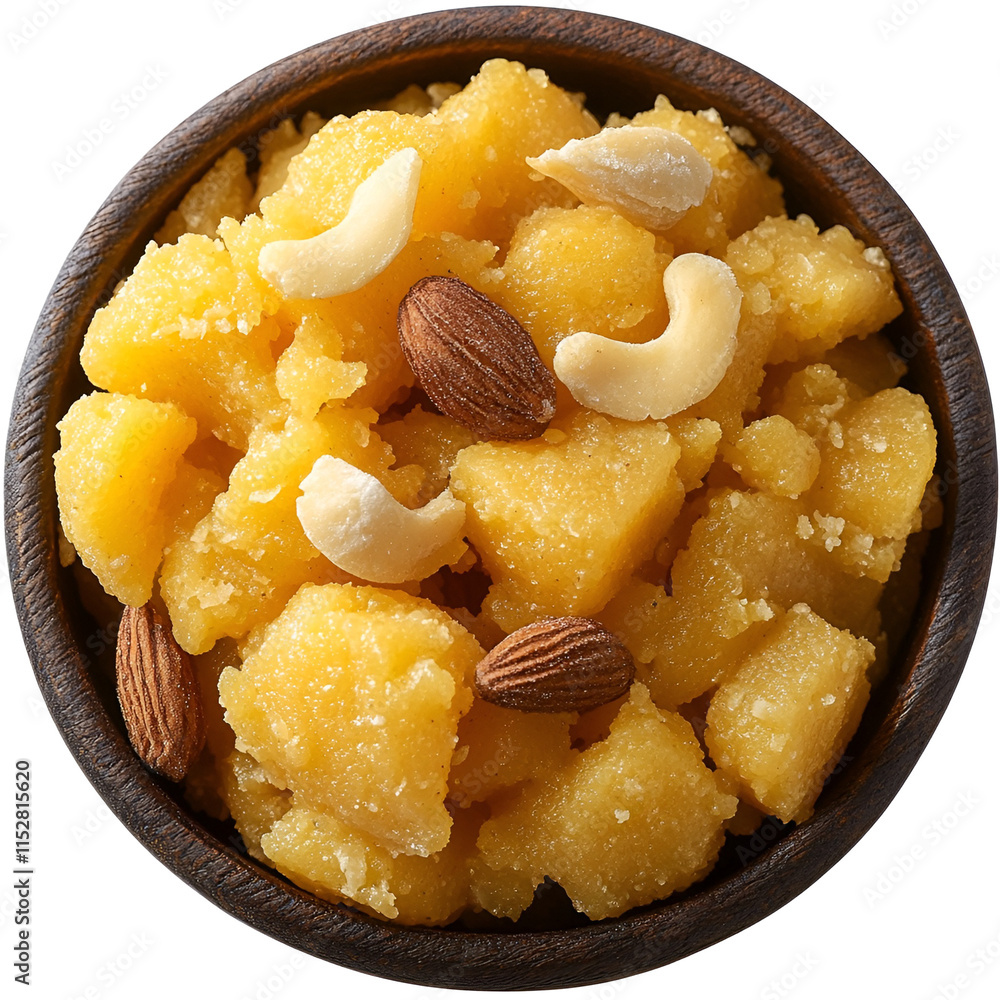 Top view of an extremely perfect looking Doodhi Halwa in a dark dish isolated on a white transparent background Top view of an extremely perfect looking Doodhi Halwa in a dark dish isolated on a white transparent background