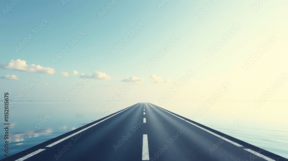 Fototapeta premium Endless Asphalt Path Extending Over Calm Water Towards a Serene Horizon