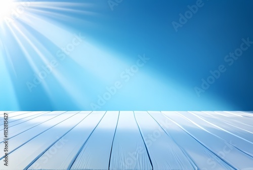 Bright sunrays over blue wooden deck platform, natural light effect background for product photography and commercial displays