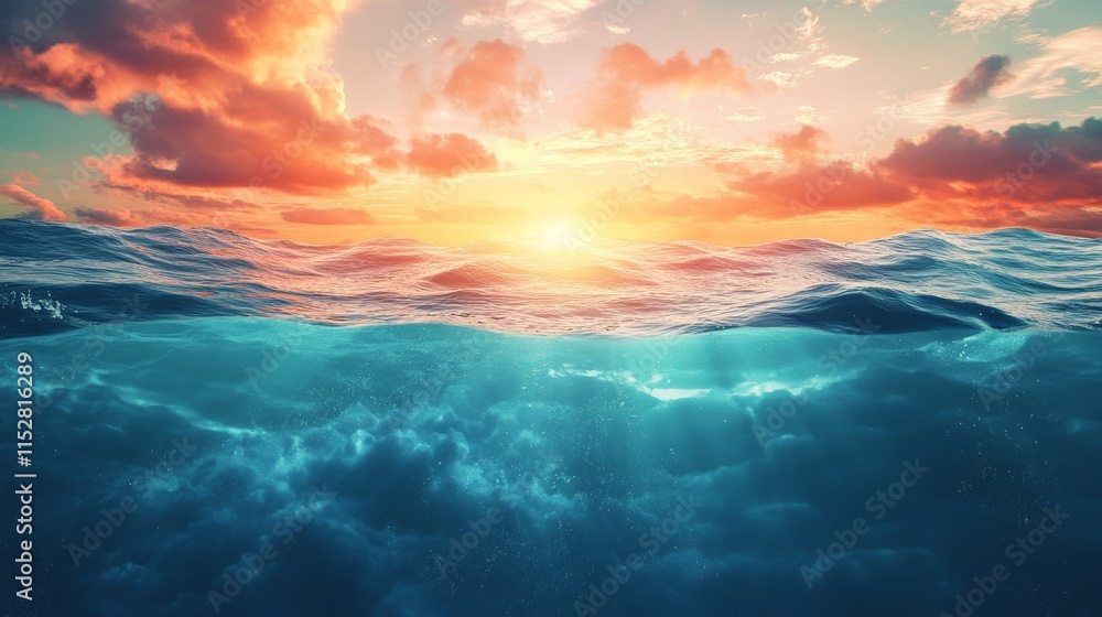 Abstract photo of a sea surface split in half, with sunrise above the water and a blue underwater scene below. Abstract photo of a sea surface split in half, with sunrise above the water and a blue underwater scene below.