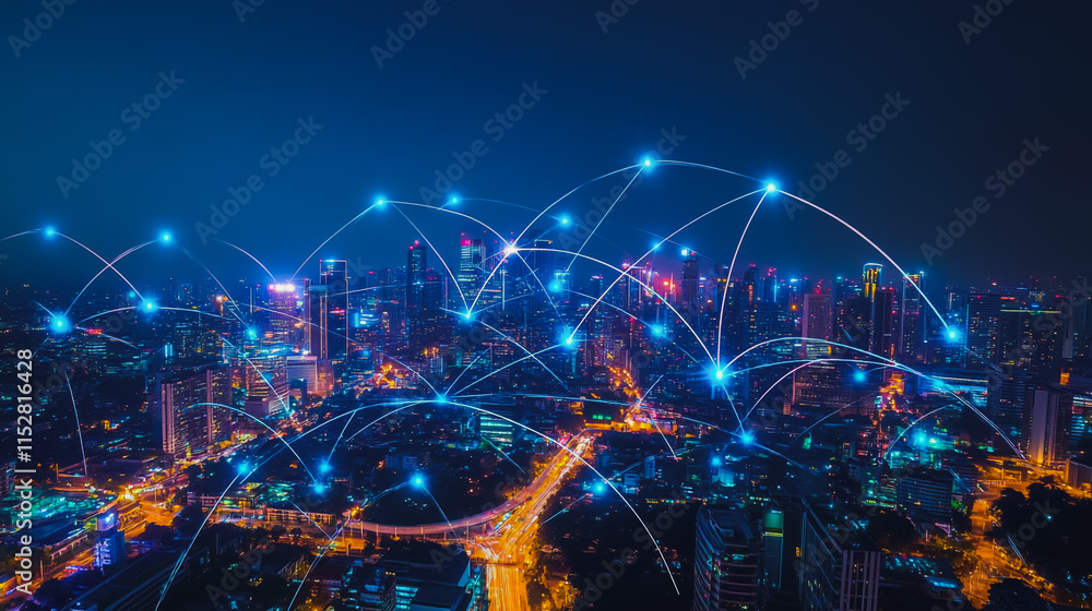 Fototapeta premium Smart digital city with connection cyber security network reciprocity over the cityscape . future smart wireless digital city and social media networking systems that connects people within the city