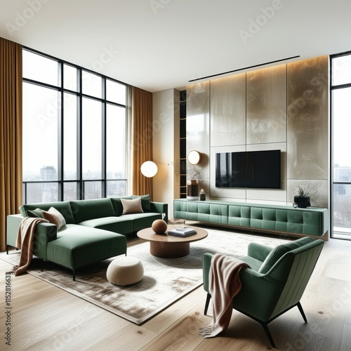 Modern apartment interior, floor-to-ceiling windows, city view, green velvet sectional sofa, wooden accent wall, minimalist design, hanging pendant light, large flat-screen TV, indoor plant, cozy thro photo