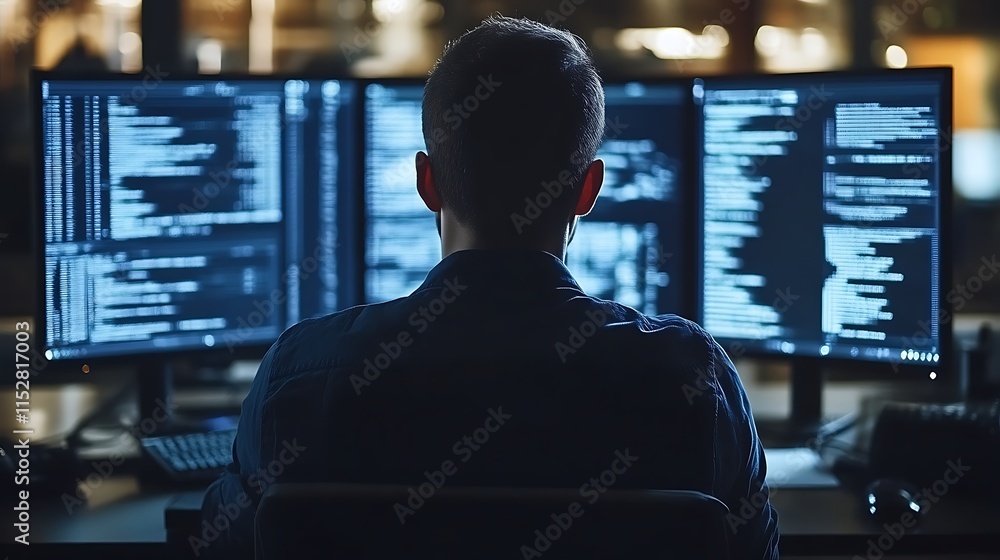 Programmer working late at night on multiple monitors displaying lines of code. Programmer working late at night on multiple monitors displaying lines of code.