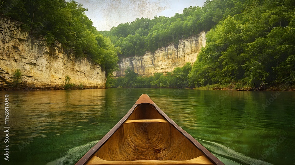 Fototapeta premium Canoeing through a serene green river canyon