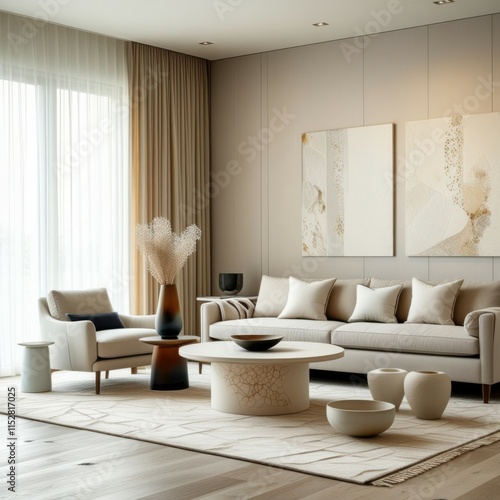 Modern living room, neutral tones, curved sofa, round coffee table, abstract wall art, large windows, sheer curtains, circular rug, minimalist design, natural light, cozy atmosphere, sculptural decor,